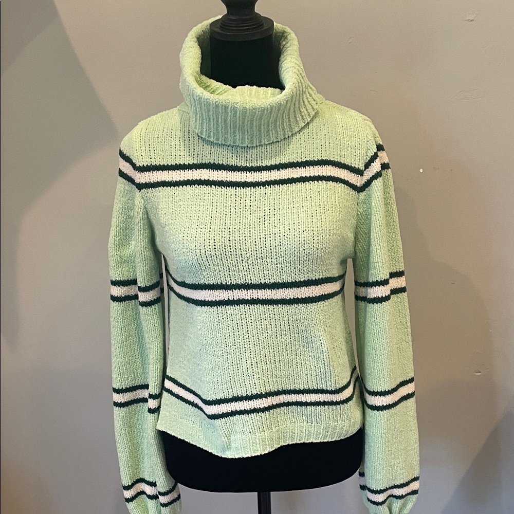 Mint Green Striped Turtleneck Sweater